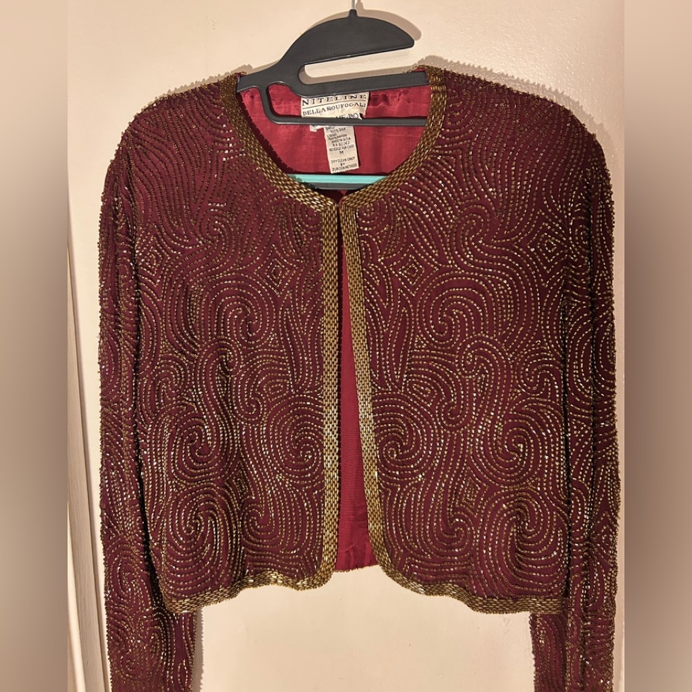 Niteline Della Roufogali SILK Wine/ Gold BEADED CROPPED EVENING JACKET! - Picture 2 of 15